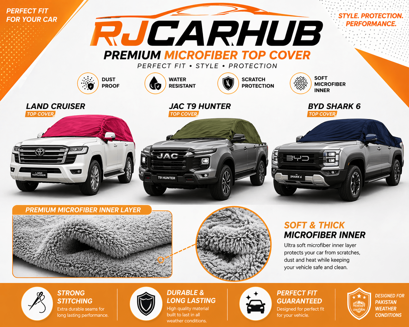 LC 200 / JAC T9 / BYD SHARK 6 / MicrofiberTop Cover Premium Anti - Scratch Top Cover Multi - Soft Fleece - Premium Car Accessories by RJCARHUB Pakistan